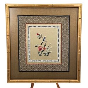 Framed Chinese Silk Embroidery Bird & Flowers, Gold Bamboo Frame 16x15